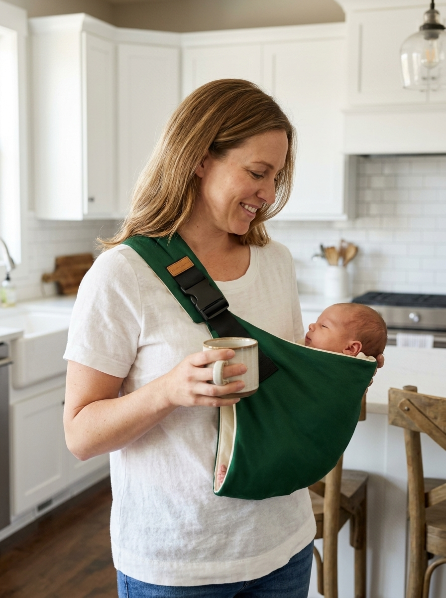 Forest green Nalubaby sling in American kitchen Image