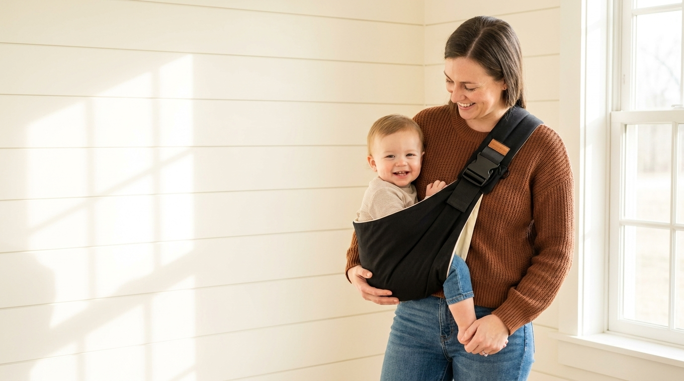 Mom with toddler in black Nalubaby sling, product fully visible