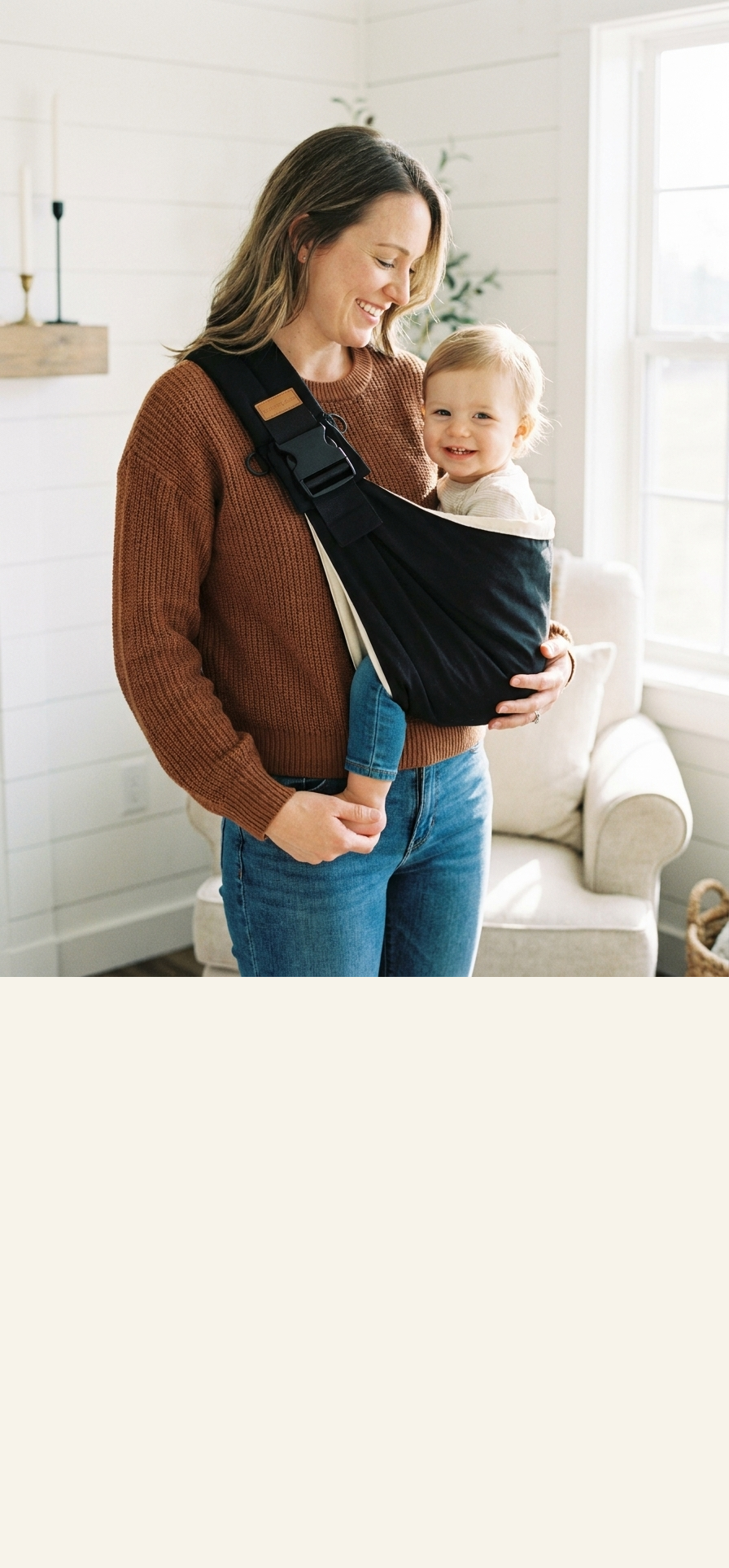 Mom smiling at toddler in black Nalubaby sling - mobile hero